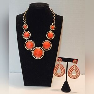 Red & Gold Tone Statement Necklace and Earring Set